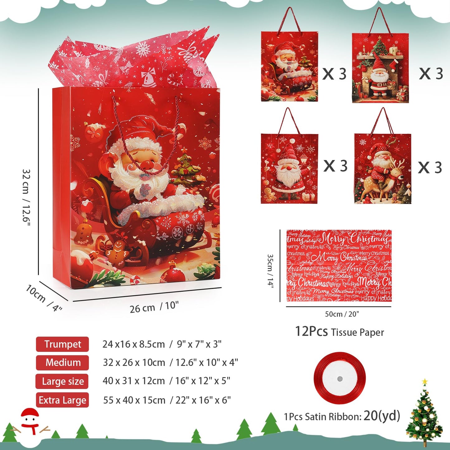 Rusikia 12 Christmas Gift Bags with 12 Tissues Paper 1 Satin Ribbon - Small