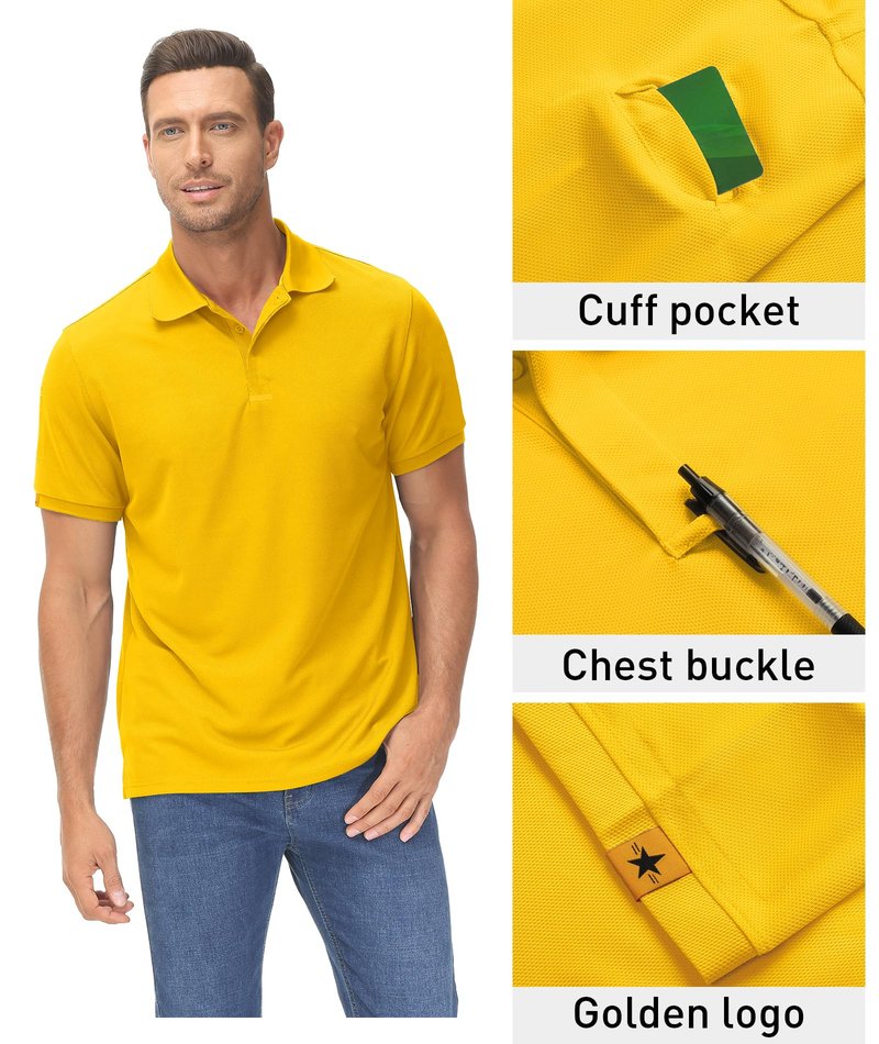 ZITY Mens Polo Shirt Short Sleeve Sports Tactical T-Shirt Athletic Golf Polos Daily Casual Stylish Collared Shirts for Men Yellow Large