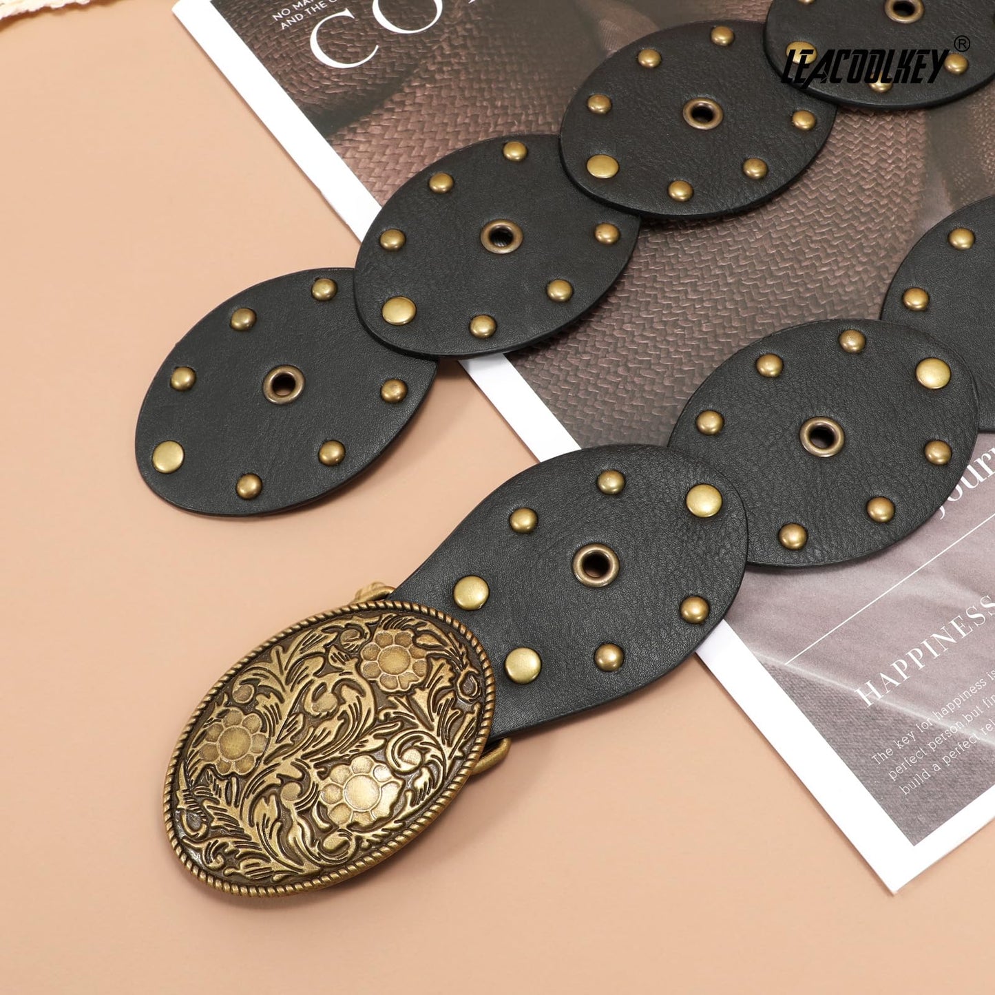 LEACOOLKEY Hollow Disc Belt Western Leather Belt Boho Concho Belt Vintage Waist Belt for Women