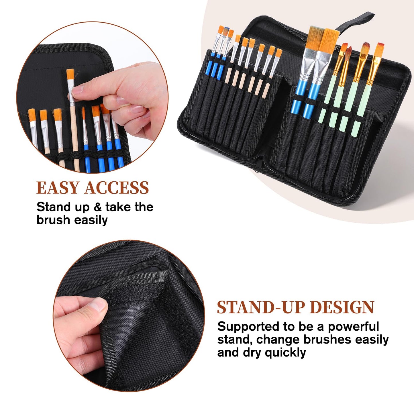 Skrfren Paint Brush Case, Paint Brush Holder with 15 Slots Canvas Brush Organizer with Pop-Up Stand Design Travel Watercolor Brushes Holder Zipper Closure for 11 Inch Art and Makeup Brushes Black