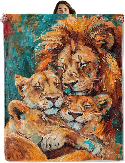 Lion Family Throw Blanket – Wildlife Design, Cozy Warm Flannel Blankets, All Season Use, Men Boys and Animal Lovers Gifts, 50x60in, Sofa Office Dorm Travel RV Farmhouse Decoration