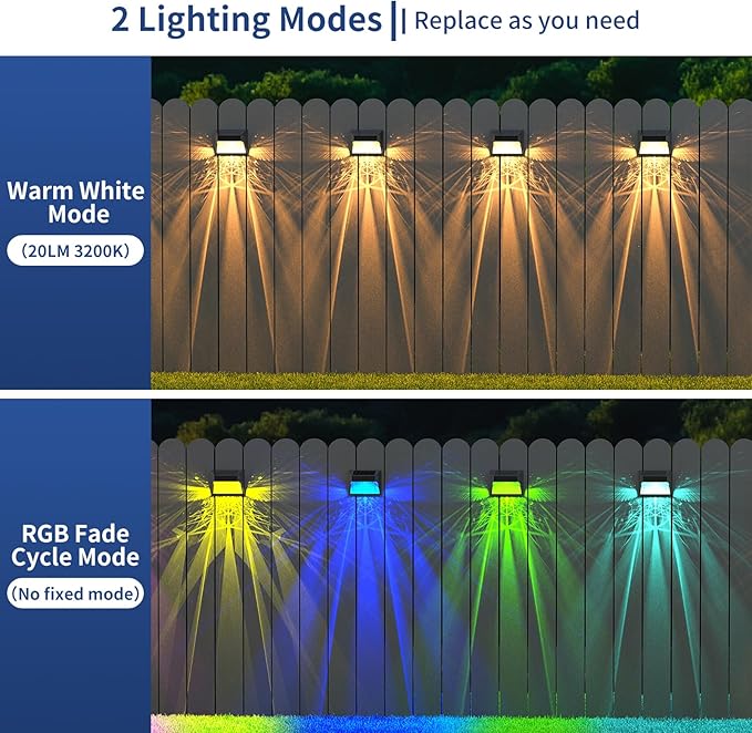 Solar Powered Fence Deck Lights Outdoor Waterproof Led IP65 RGB Color Changing/Warm White Auto On/Off Solar Step Lights for Outside Stair Garden Yard Wall Patio (6 Pack, Black)