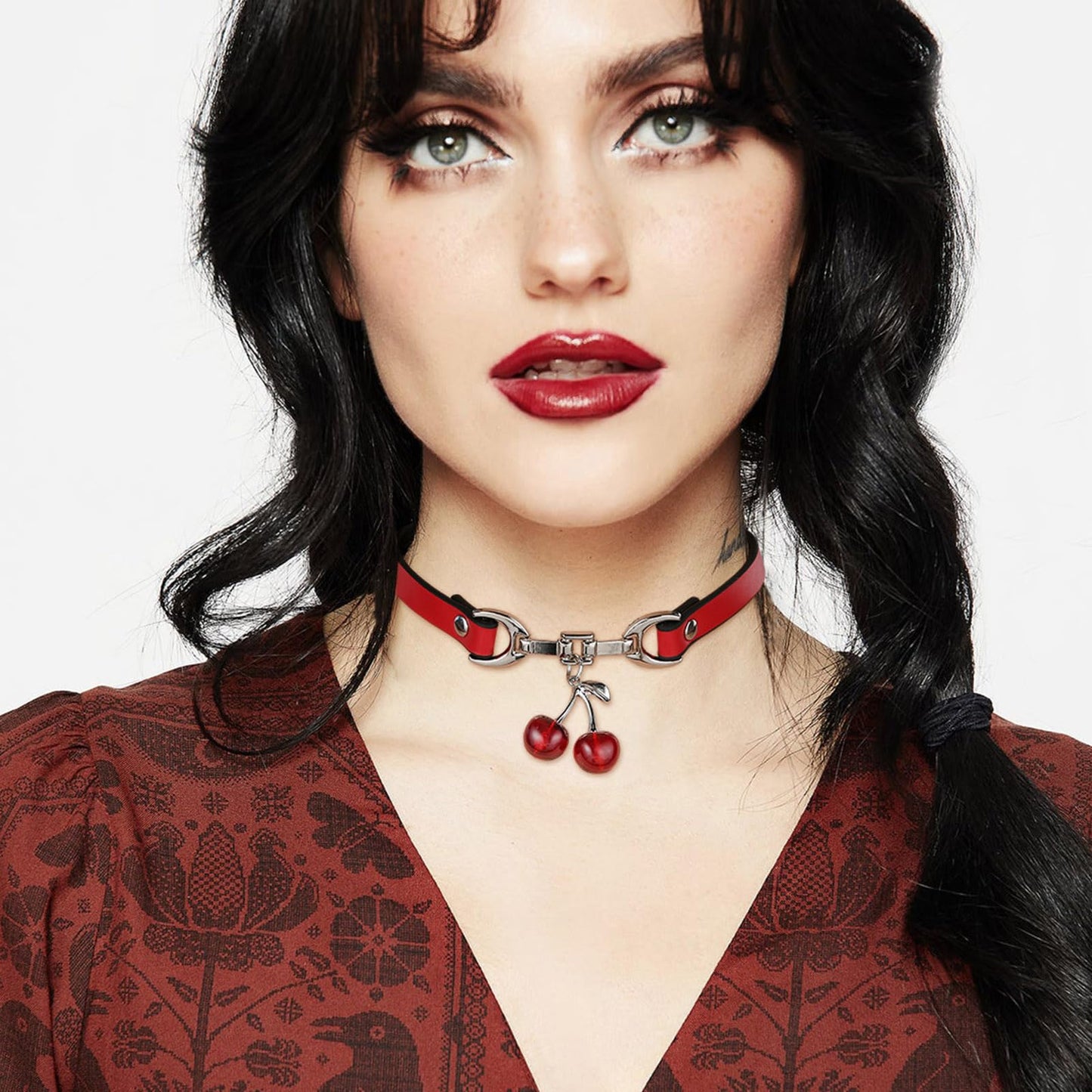 Cherry Pendant PU Leather Collar For Women Red Black Contrasting Cute and Cool Style Decorative Accessories（Cherry）