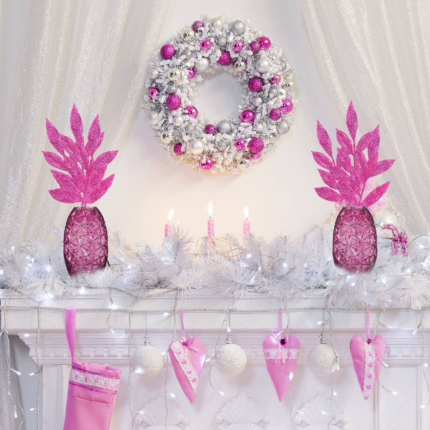 Winlyn 20 Pcs Pink Glitter Bay Leaf Sprays Artificial Christmas Tree Picks Sprays 12.7" Tall for Pink Christmas Tree Wreath Swag Floral Arrangement Winter Wedding Bouquet Centerpiece Decoration