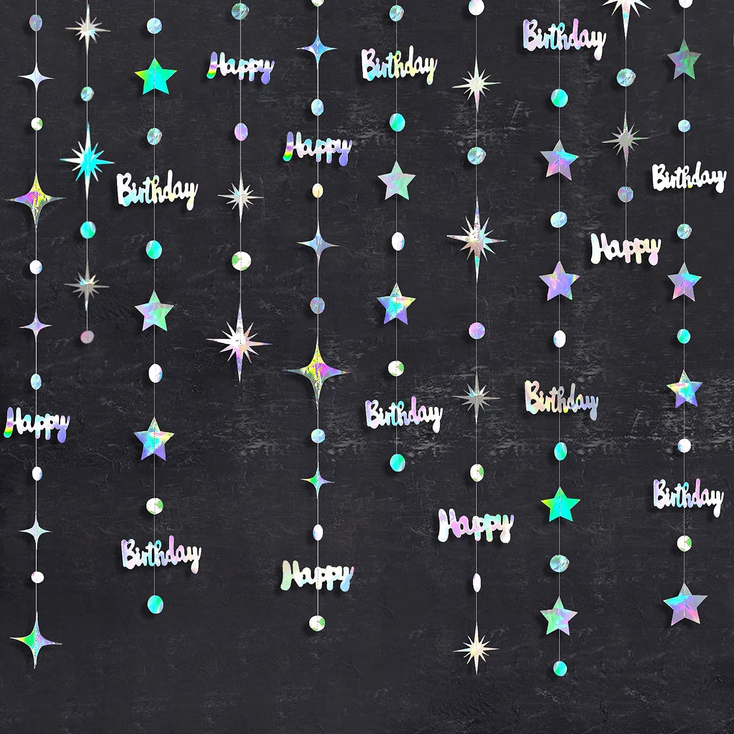 Iridescent Happy Birthday Decorations Happy Birthday Circle Dot Twinkle Star Garland Kit Metallic Holographic Hanging Streamer Bunting Banner Backdrop for Women Mens Kids Birday Party Supplies