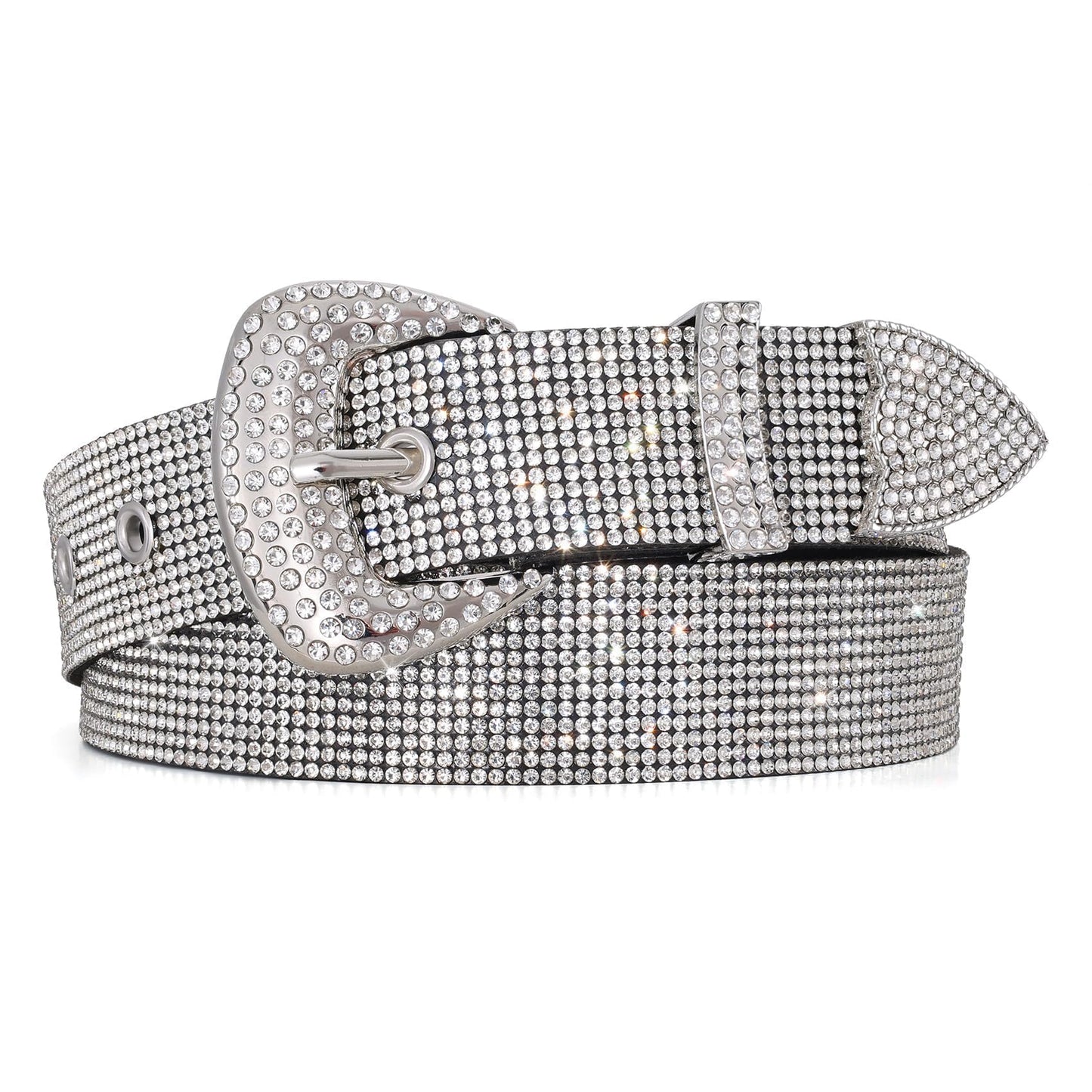 WHIPPY Rhinestones Leather Belts for Women Disco Bling Studded Belt for Jeans Pants Western Cowgirl Shiny Waist Belt, Silver, M