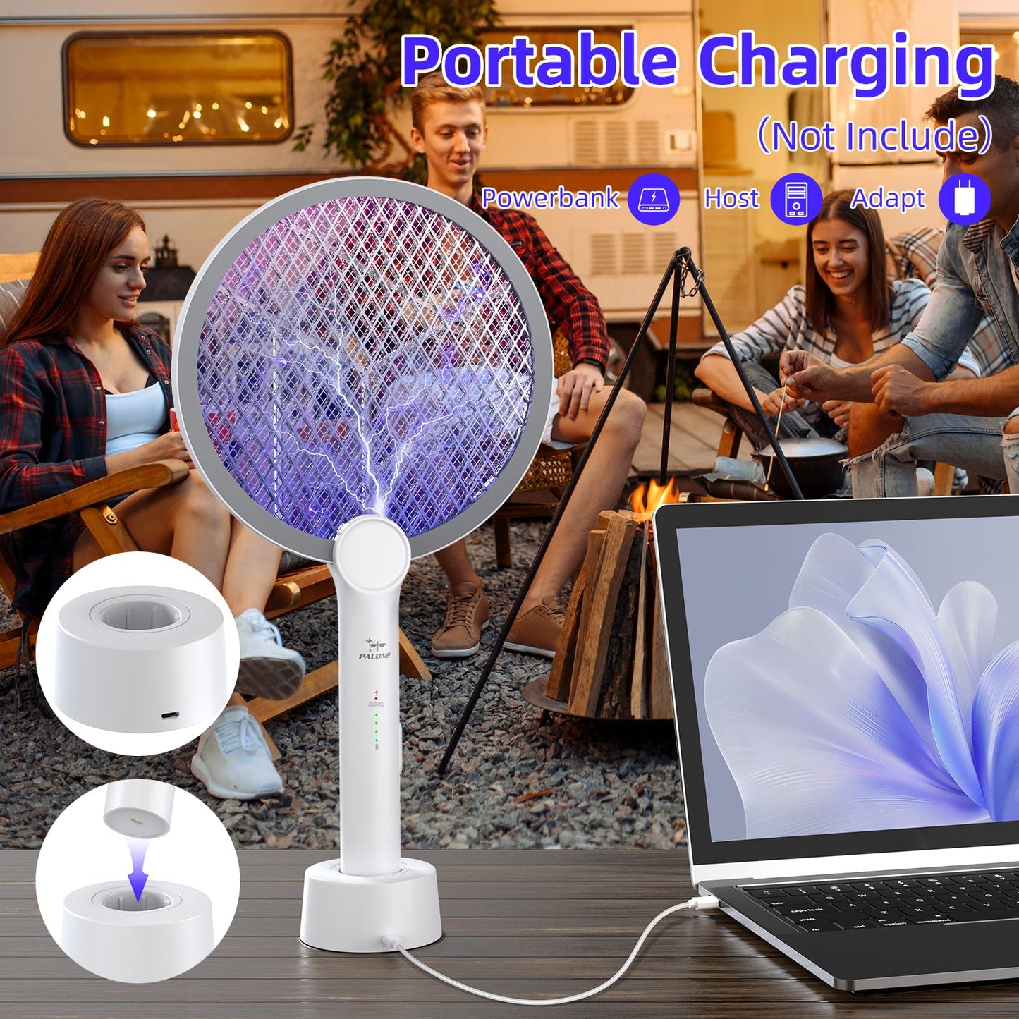 Electric Fly Swatter, 4000V Bug Zapper Racket, 2 in 1 Indoor Outdoor Mosquito Killer with 3-Layer Safety Mesh, Fly Zapper Racket with USB Rechargeable Base for Pest Insect Control 2 Pack