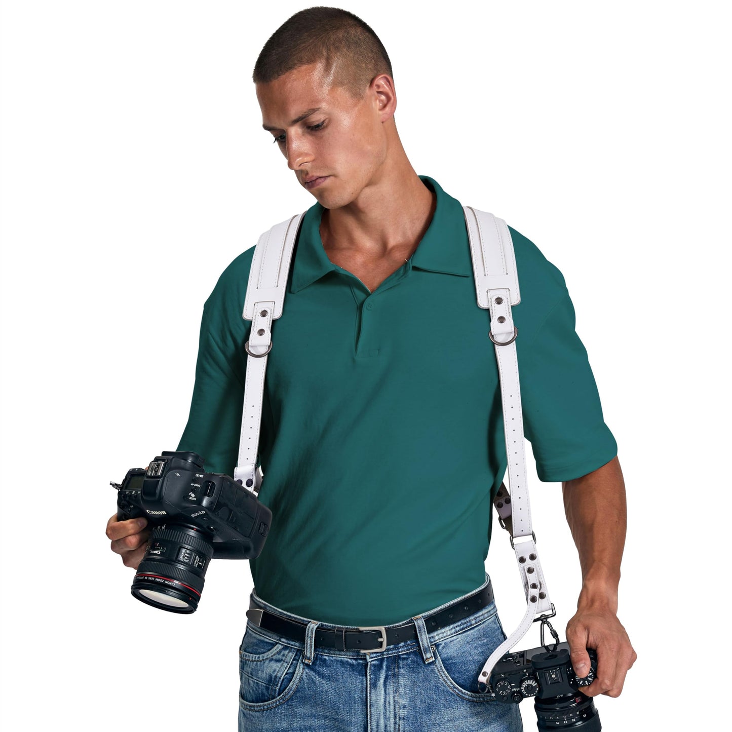 Padwa Lifestyle White Dual Camera Harness Strap for Two Cameras - Dual Shoulder Full Grain Leather Harness,Multi Double Camera Gear with Thick Padded,Double Camera Harness for Photographers