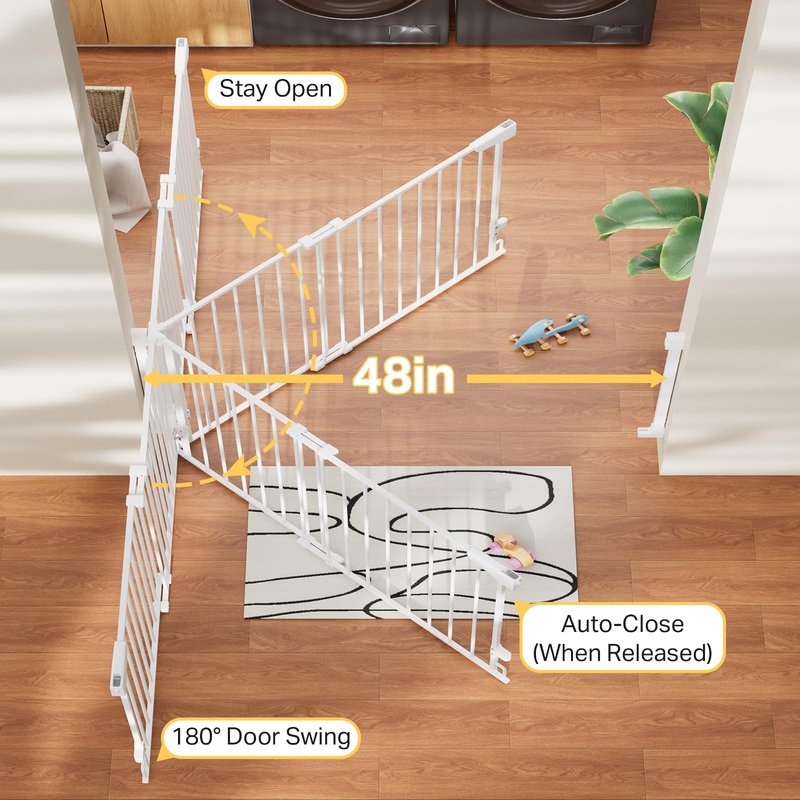 Cumbor Expandable 31.6-48" Baby Gate for Stairs, Hardware Mounted, 2-in-1 No Bottom Bar Dog Gate Indoor, Auto Close Pet Gate for Doorways with Large Walk Thru Door, Child-Proof Gate for Kids (White)