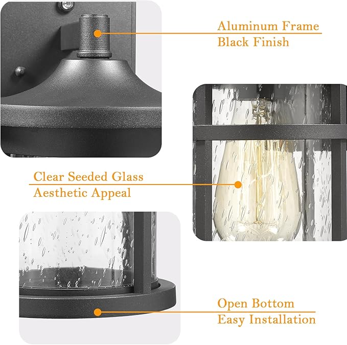 Dusk to Dawn Outdoor Wall Lighting Outdoor Wall Lantern with Sensor Exterior Wall Light Anti-Rust Porch Light Fixtures Wall Mount Waterproof Wall Sconce with Clear Seeded Glass for Garage Patio