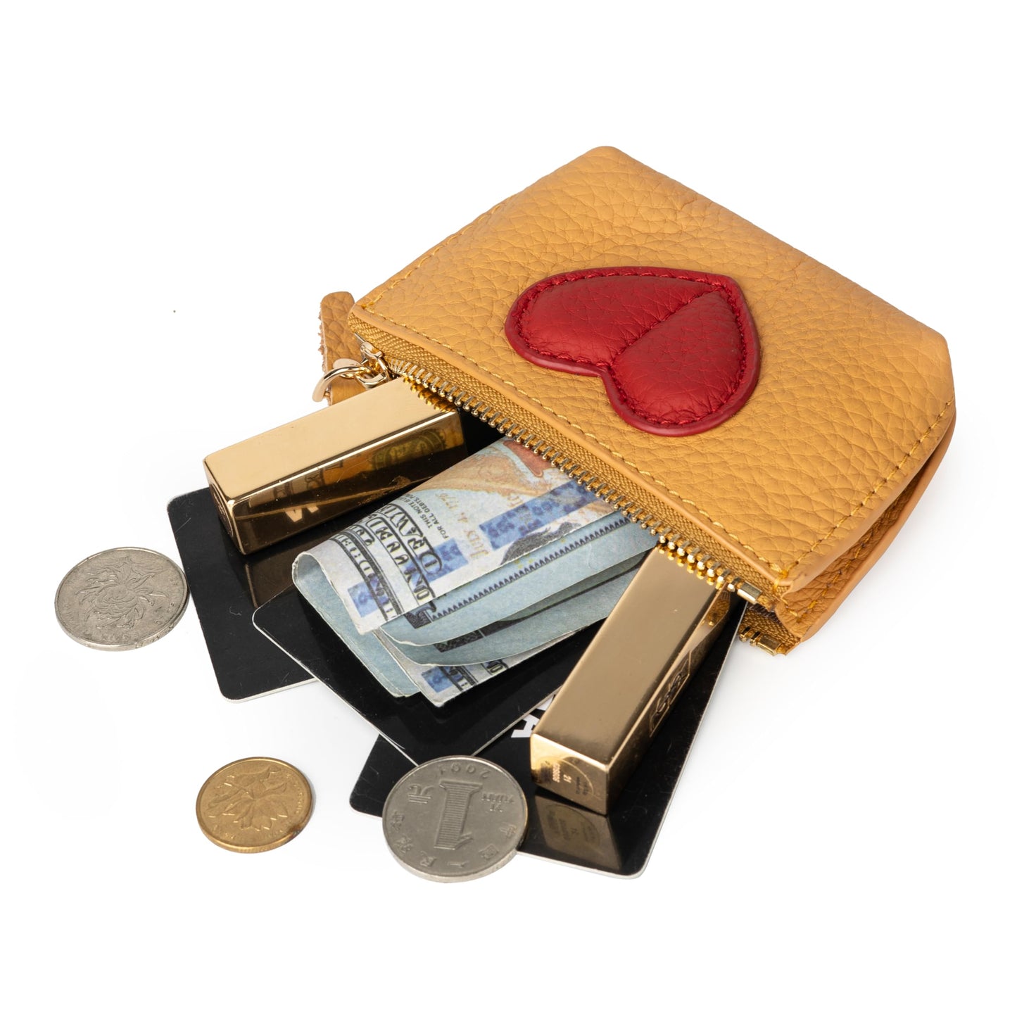 Doris&Jacky Cowhide Leather Coin Purse, Mini Zipper Card Holder With Cute Red Heart Design and Key Chain (Yellow)