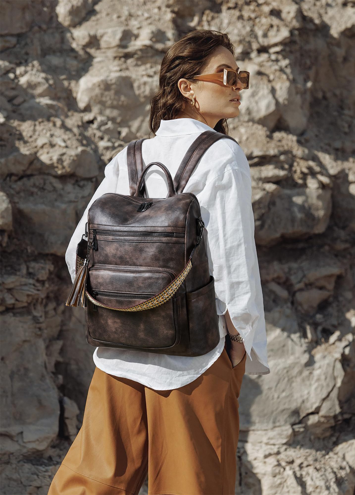 Shrrie 15.6 inch Laptop Backpack for Women,Large Leather Backpack Purse,Travel,Carry on,Water Resistant Casual Laptop Backpacks,College Backpack,Work Backpack for Women,Two-toned Coffee