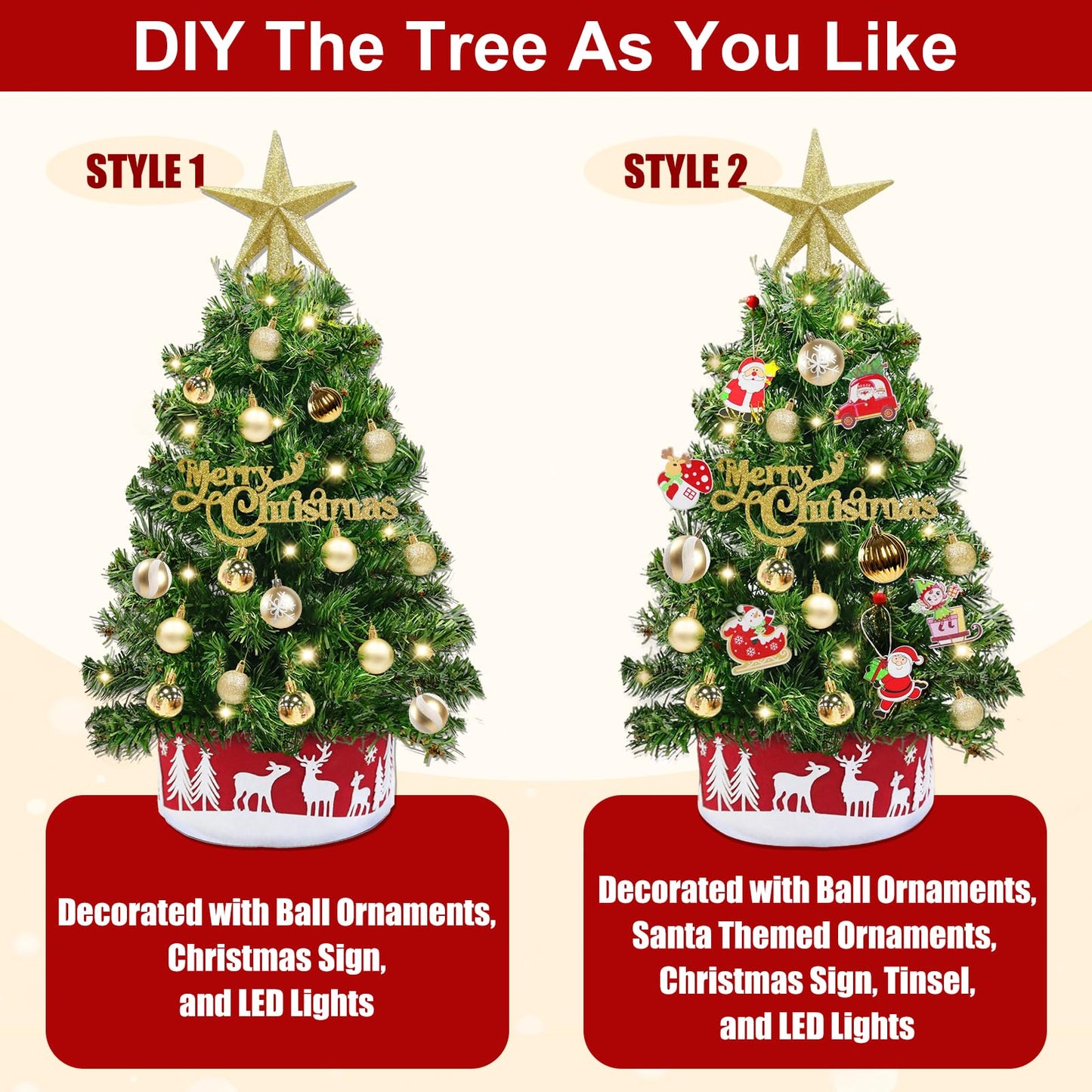Grandeal 24" /2FT Mini Christmas Tree with Lights Timer 30 LEDs & 34 Ornaments, Small Tabletop Christmas Trees Artificial Christmas Decorations for Indoor Desk Room Office Home Decor Xmas