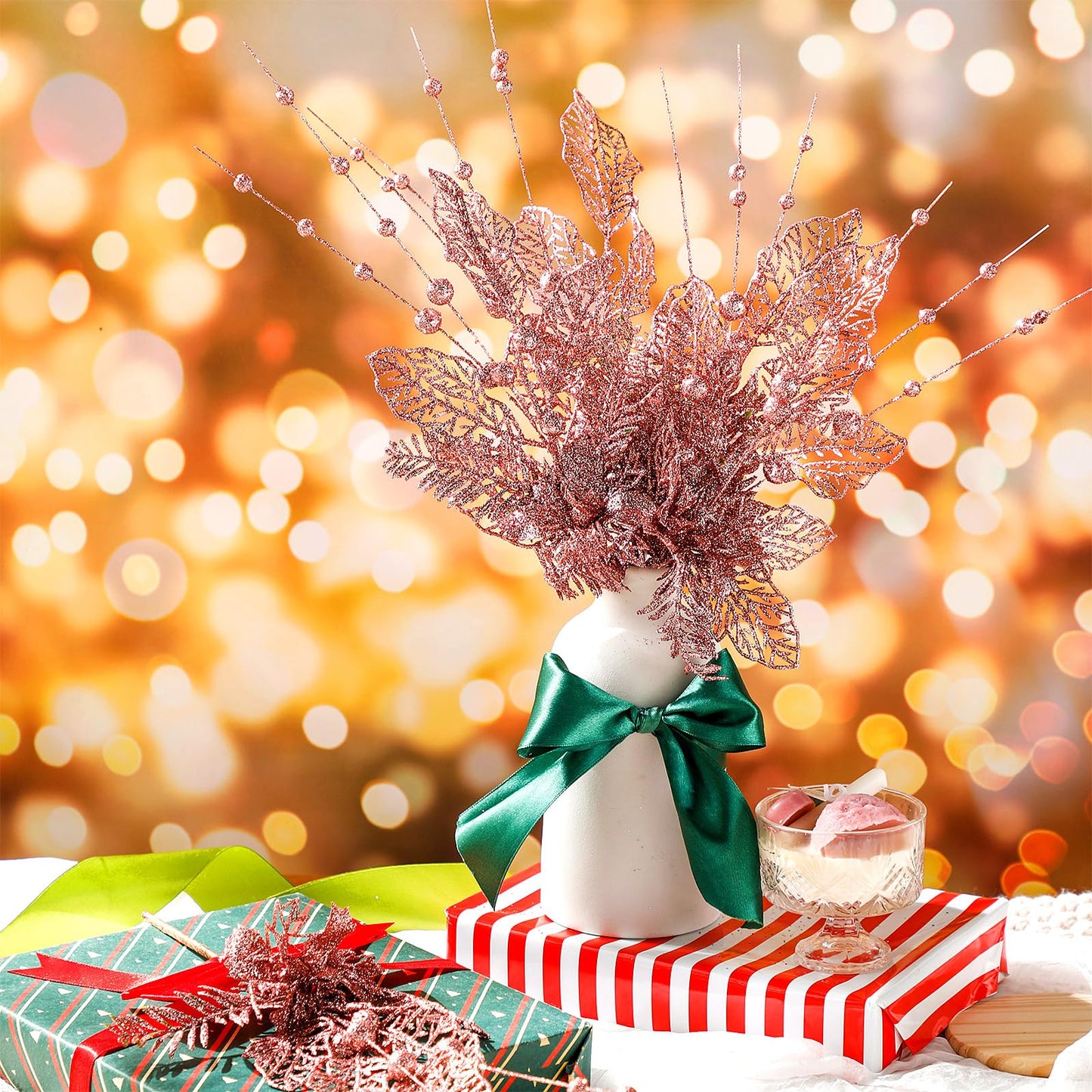 Tigeen 20 Pcs 16.5 Inch Rose Gold Artificial Glitters Christmas Picks Decoration Sprays with Flowers Berry Leaves or Xmas Decor Wreaths Wreath Vase Fillers