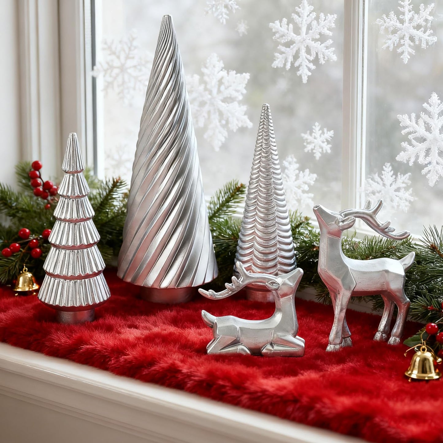 WDS WONDROUS Christmas Decor Trees and Reindeer Figurines Decoration- Sliver Set of 5 Christmas Tree Statues and Deer Decor Set, Resin Ornaments Tabletop Shelf Office Indoor