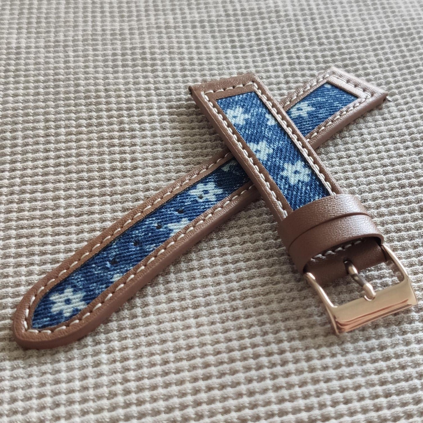 Abanen Denim Leather Watch Band for Samsung Galaxy Watch 4 / Galaxy Watch 5, 20mm Canvas Fabric Strap with Soft PU Leather Lining Wristband for Galaxy Watch 4 Classic 42mm / 46mm (Brown-Blue)