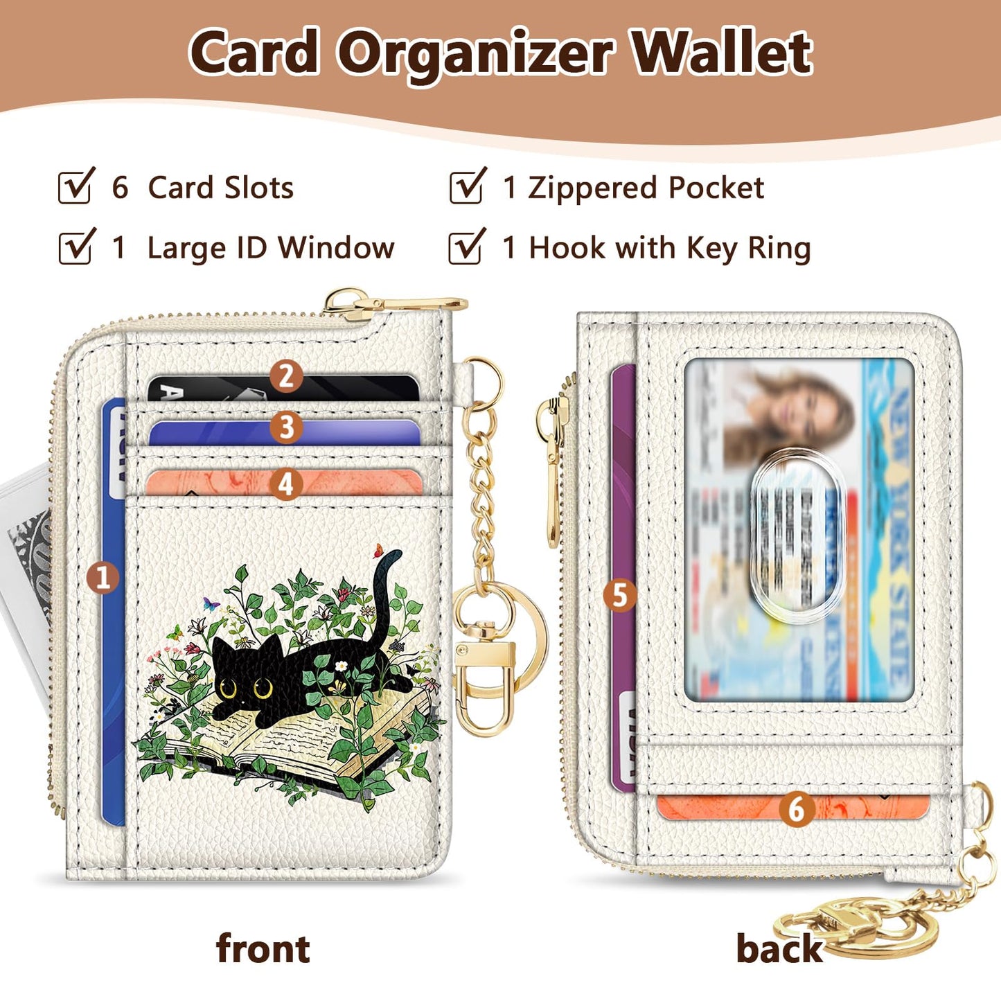 GIANCOMICS Slim Wallet Credit Card Holder Women, Black Cat Rfid Blocking Small Card Case, Keychain Thin Pocket Curved Zipper Wallet, Travel Card Holder PU Leather ID Window, Ladies Female Gifts