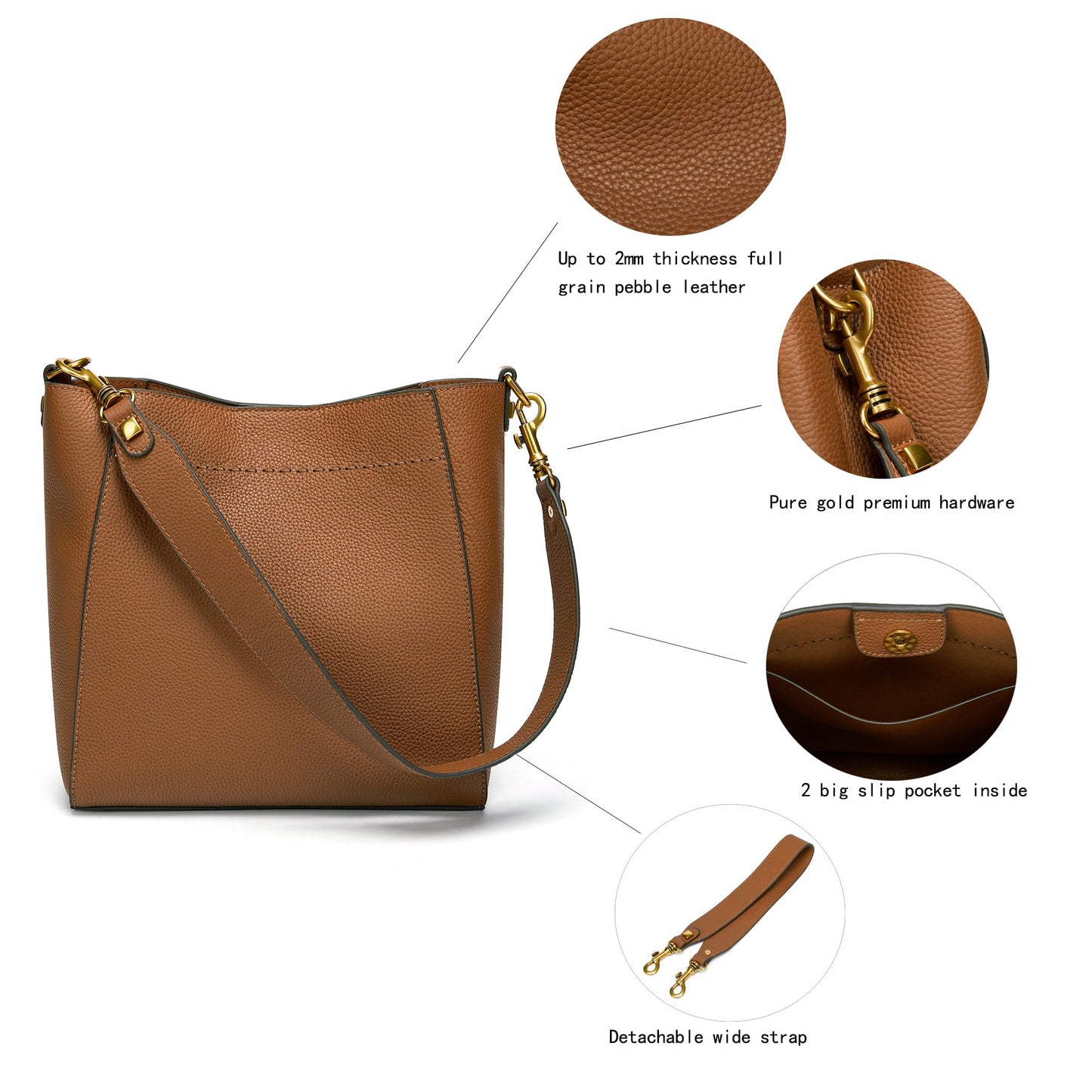 DORIS&JACKY Genuine Leather Bucket Hobo Bag for Women Designer Shoulder Purse and Satchel Tote with Detachable Wide Strap