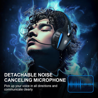 PHOINIKAS Wireless Gaming Headset for PS4 PS5 PC Switch, Wireless 2.4GHz Gaming Headphones with Detachable Noise Canceling Mic, 7.1 Stereo Sound, Only 3.5mm Wired Mode for Xbox Seires - Blue