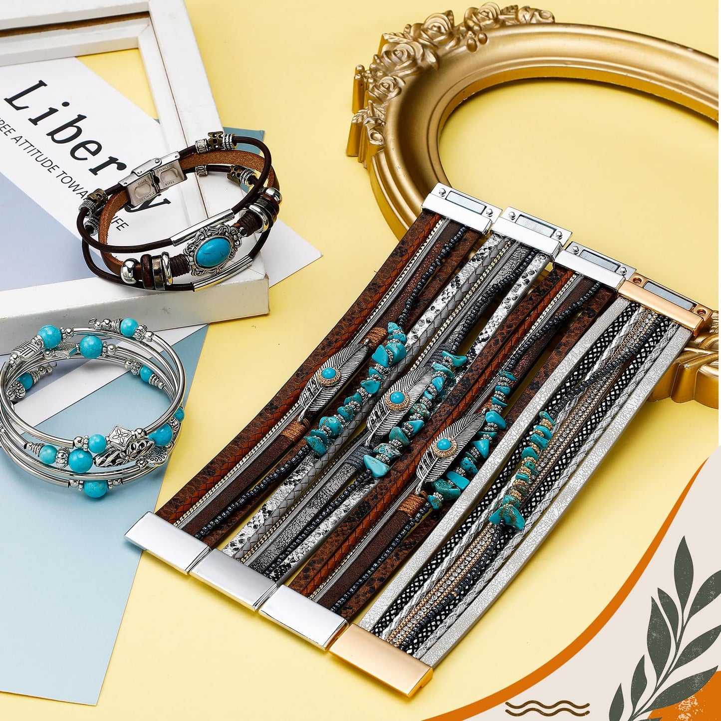 Sasylvia 6 Pcs Turquoise Bracelet for Women Leather Bracelet Western Jewelry for Women Multilayer Boho Cuff Bangle Set(Classic)