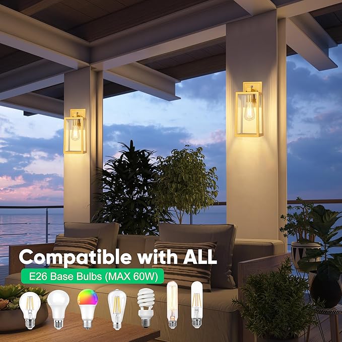 PARTPHONER Exterior Lighting Fixtures, Porch Light Outdoor, Waterproof Exterior Light Fixture, Anti-Rust Wall Sconce with Clear Glass and Aluminum for Garage, Doorway 2 Pack (Gold)