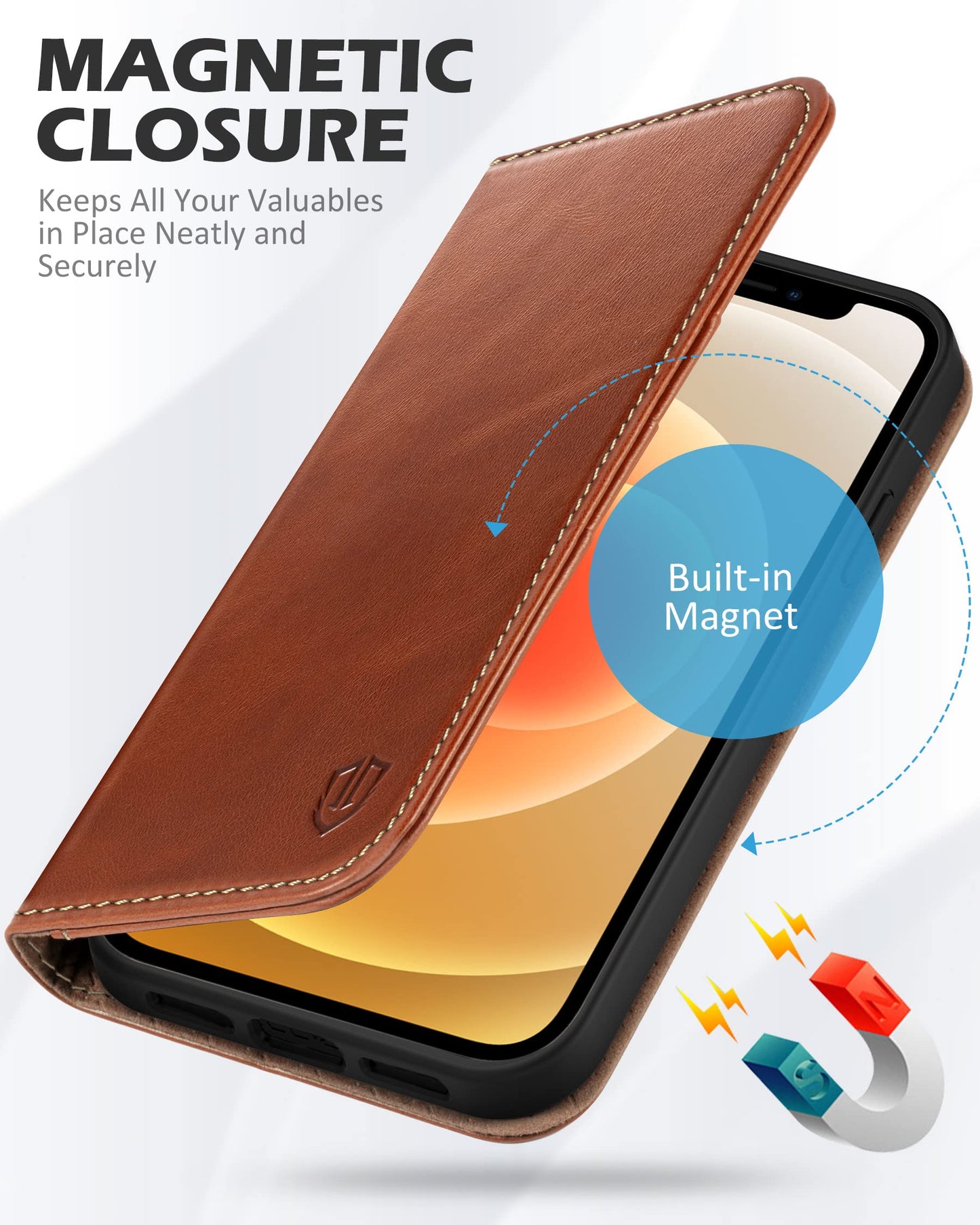 SHIELDON Wallet Case for iPhone 12 5G, Genuine Leather Folio Case Magnetic Shock Absorbing Cover RFID Blocking Credit Card Holder Kickstand Compatible with iPhone 12/12 Pro 6.1" - Retro Brown