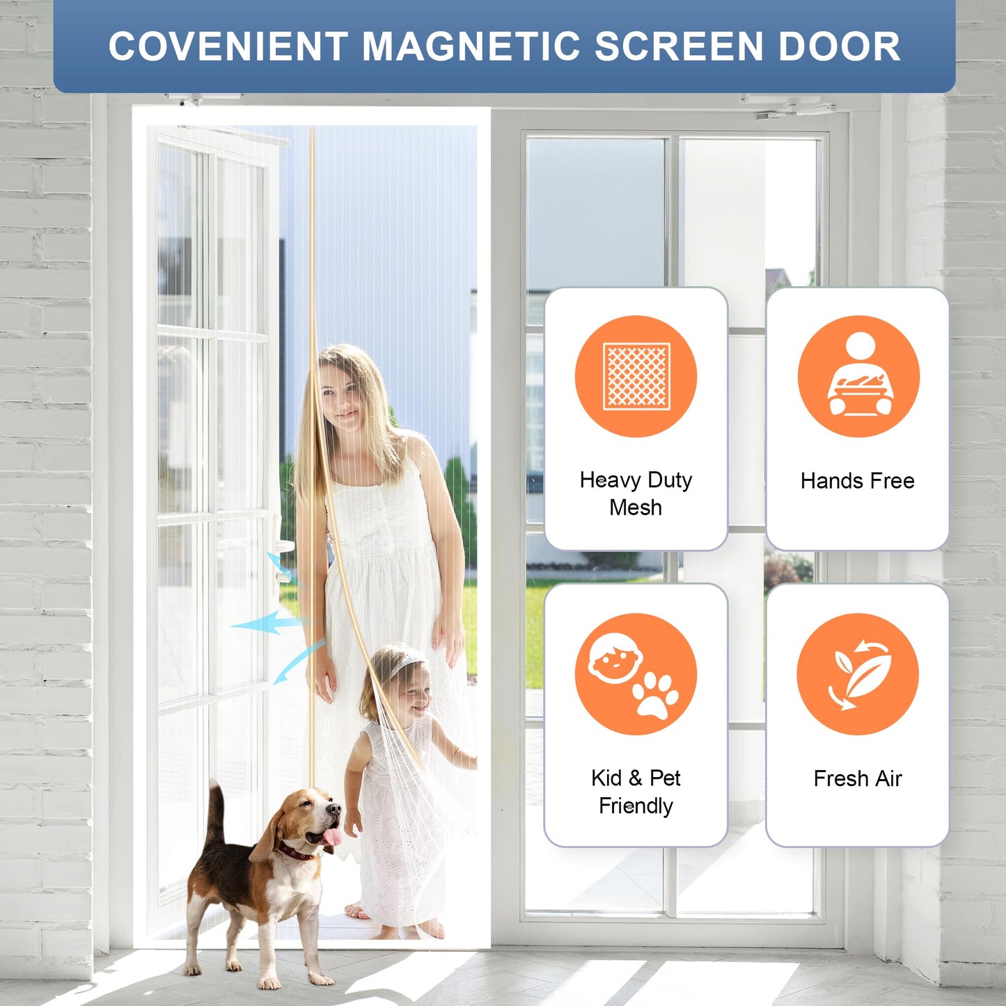 METAONLY Magnetic Screen Door Mesh, Works for Patio, Sliding Door, Keeps Bug Mosquito Out, Fresh Air Flow, Fits 31" x 81" Door - Curtain Size 33" x 83", White