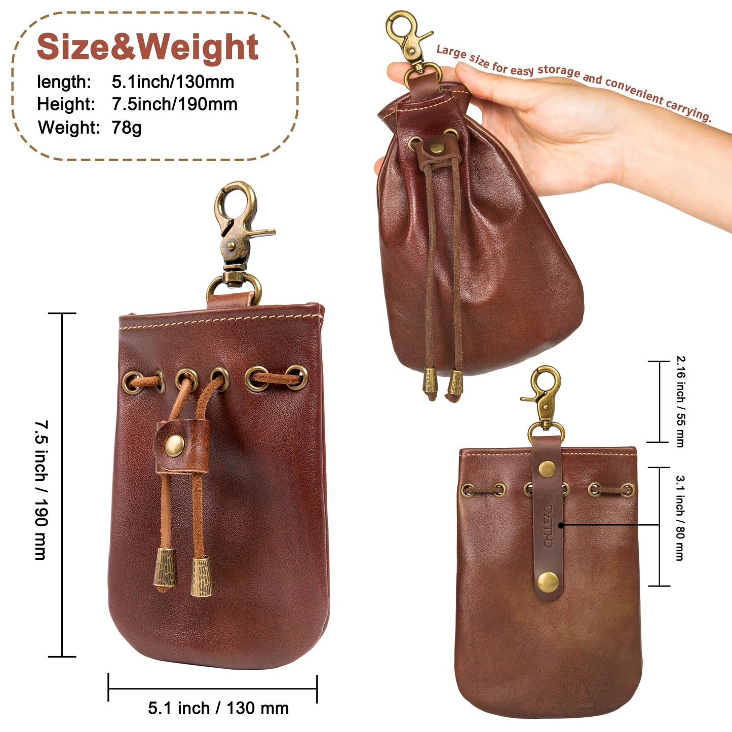 CHULEAG Vintage Medieval Drawstring Belt Pouch, FULL-GRAIN Leather, handmade, portable coin&dice purse with keychain. (Big)
