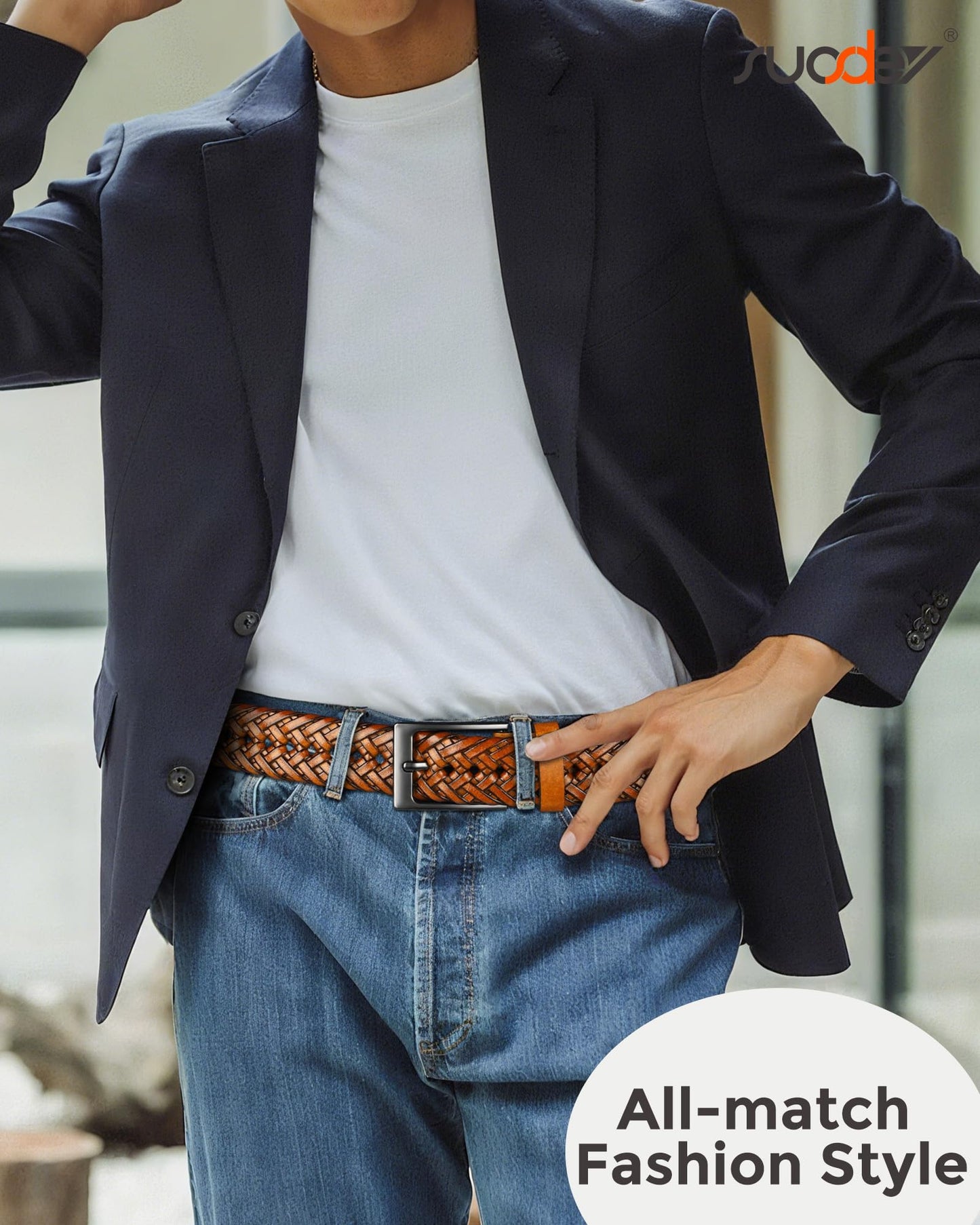 SUOSDEY Braided Genuine Leather Brown Belt for Men, 1.2" Width Men’s Casual Woven Leather Belt for Jeans Pants
