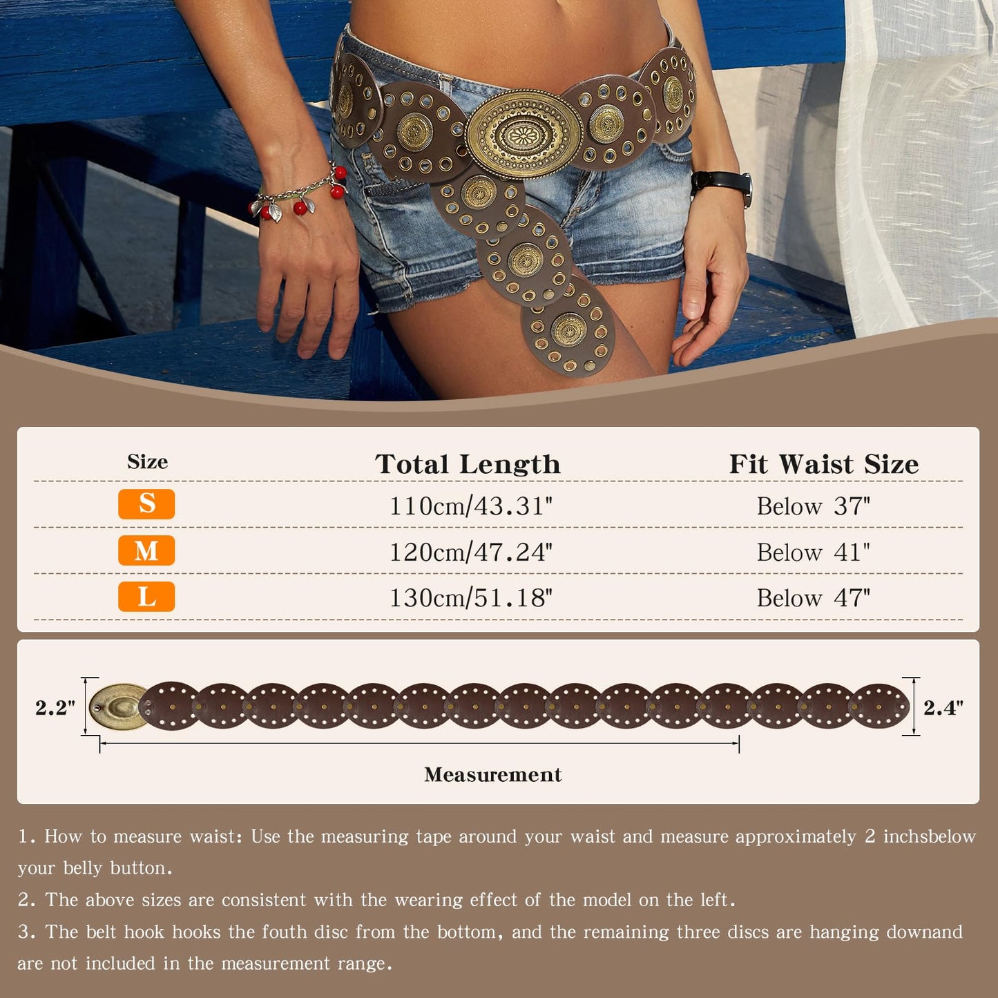 GDfrhao Leather Western Boho Belts for Woman, 39.37inch Concho Vintage Belt for womens Dress Jeans, Country Brown