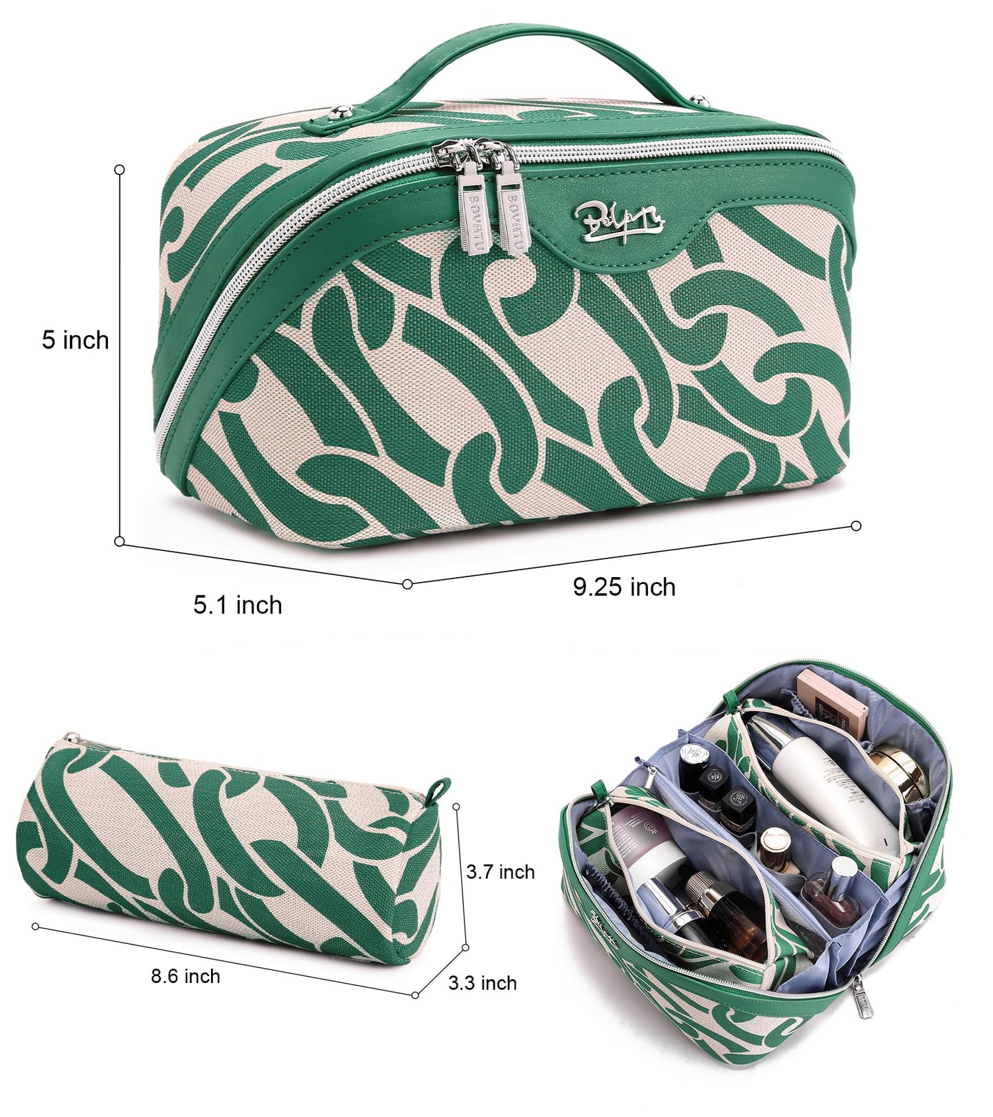 BOYATU Travel Makeup Bag for Women: Large Capacity 3-Piece Cosmetic & Toiletry Organizer - Expands Storage by 50% with 2 Detachable Pouches,Opens Flat for Easy Packing,Waterproof PU Leather(Green)