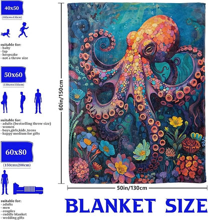 Underwater Octopus Throw Blanket for Boys Girls Kids Adults Women, Fuzzy Warm Soft Cozy Flannel Blankets Gifts for Bedroom, Couch, Travel, Home Decor 60x80 in