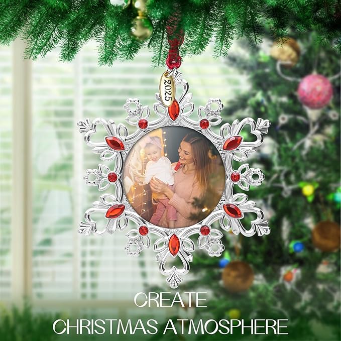 Laraine Christmas Tree Ornaments – Decorative Hanging 2025 Holiday Keepsake Gift Snowflake Pendant with 2” Photo Frame Insert for Picture of Pet (Snowflake Ruby (2025))