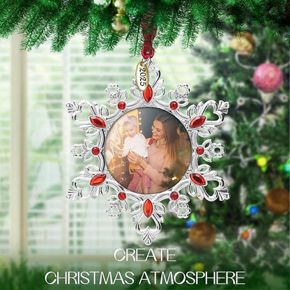 Laraine Christmas Tree Ornaments – Decorative Hanging 2025 Holiday Keepsake Gift Snowflake Pendant with 2” Photo Frame Insert for Picture of Pet (Snowflake Ruby (2025))