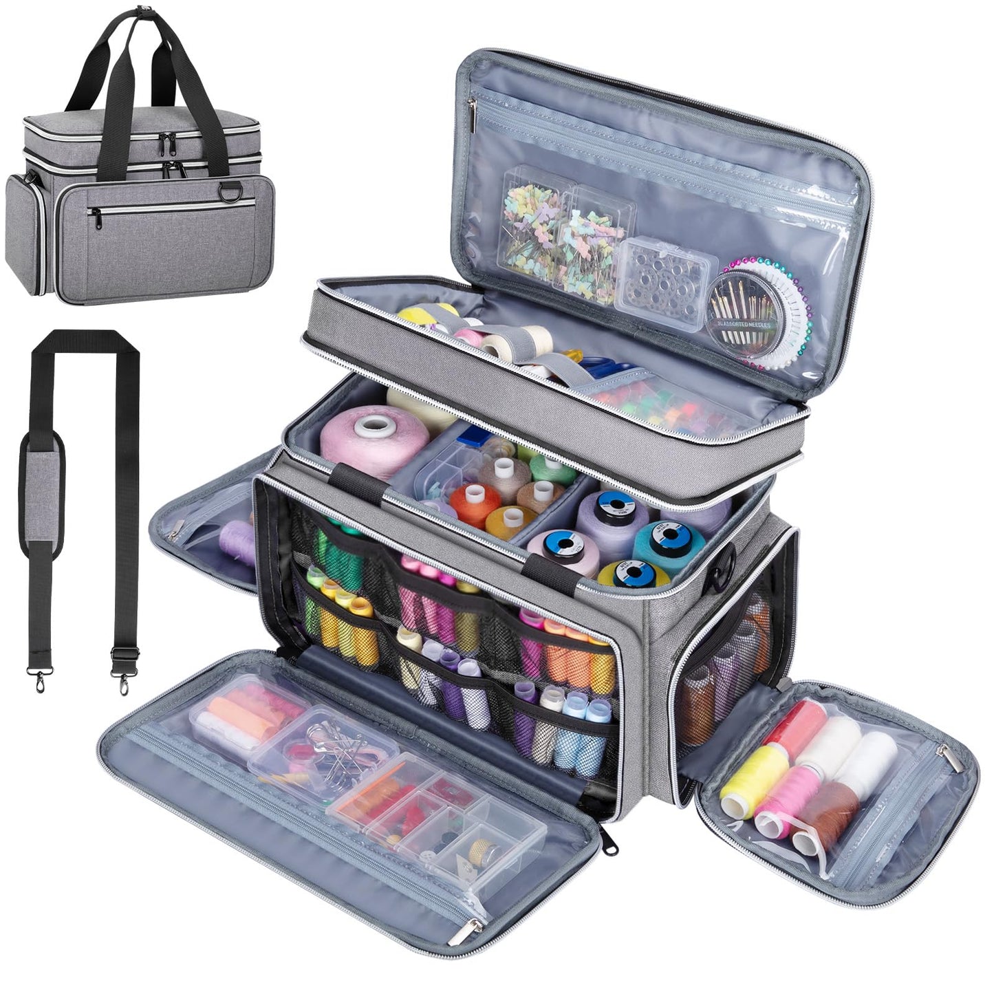 Anitor Large Sewing Supplies Organizer, Double Layer Sewing Storage Organizer with Two Detachable Dividers, Travel Sewing Bag Organizer with Shoulder Strap for Accessories, Gray, (Bag Only)
