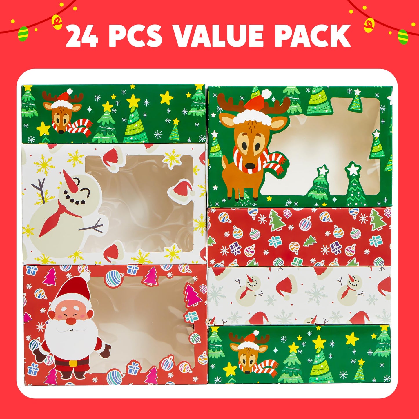 JOYIN 24 PCS Christmas Foil Treats Cookie Gift Boxes (8.75" x 5.75" x 2.75") Colorful Pattern Bakery Box with Window for Xmas Holiday Birthday Party Pastries, Cupcakes, Brownies, Donuts Gift-Giving
