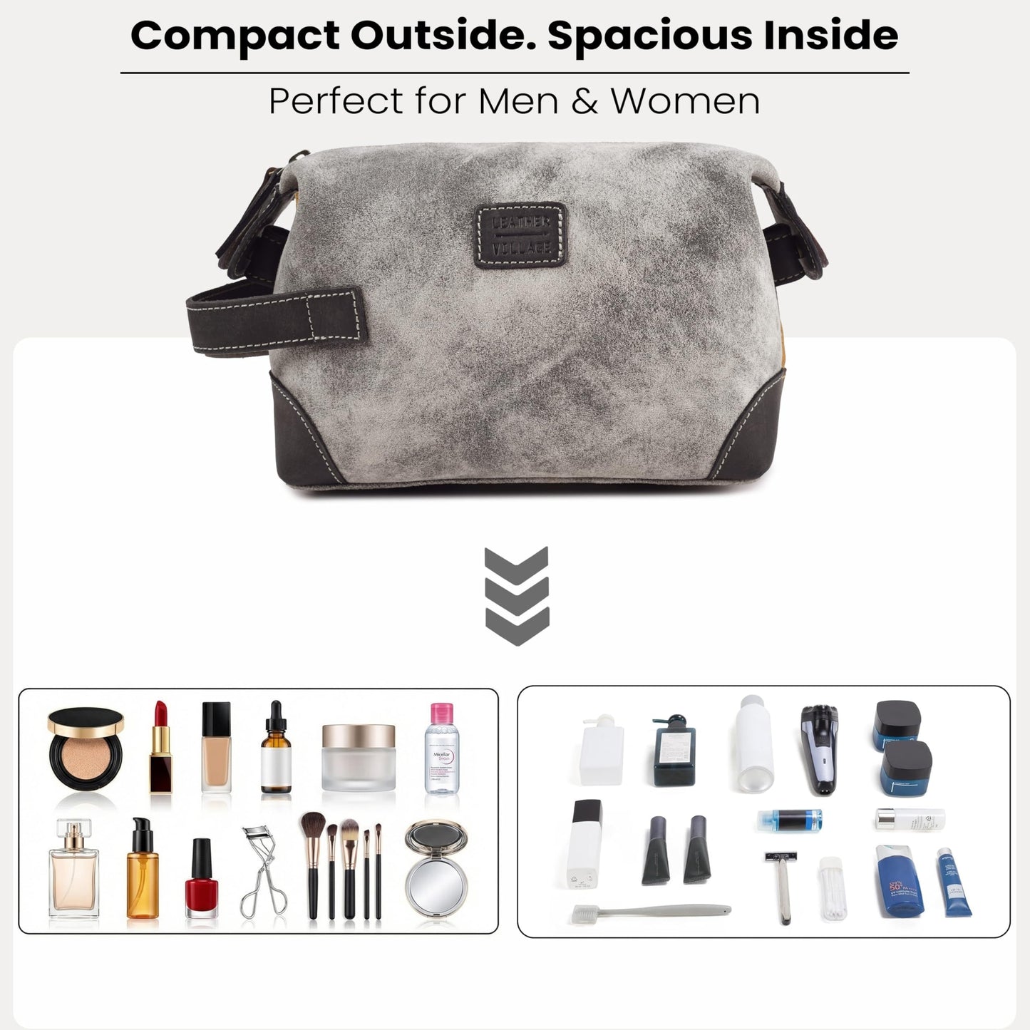 LEATHER VILLAGE Genuine Leather Dopp Kit for Men & Women with Waterproof Lining – Distressed Travel Toiletry Bag, Shaving & Bathroom Essentials Organizer - Distressed Grey