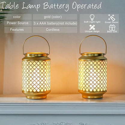 TRIROCKS Set of 2 Battery Operated Lamp 7.5'' High Cordless Decorative Lamp Metal Table Lamps with LED Bulb for Home Living Room Weddings Parties Patio Events Outdoors Indoors Shelf (Gold)