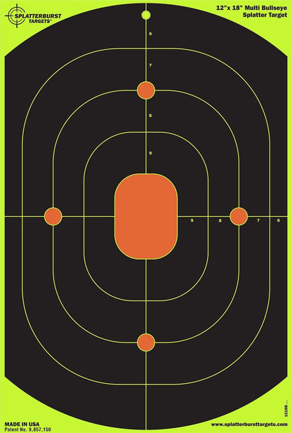 Splatterburst Targets - 12 x 18 inch Bullseye Splatter Target - Easily See Your Shots Burst Bright Fluorescent Yellow Upon Impact - Made in USA Made in The USA (25 Pack)