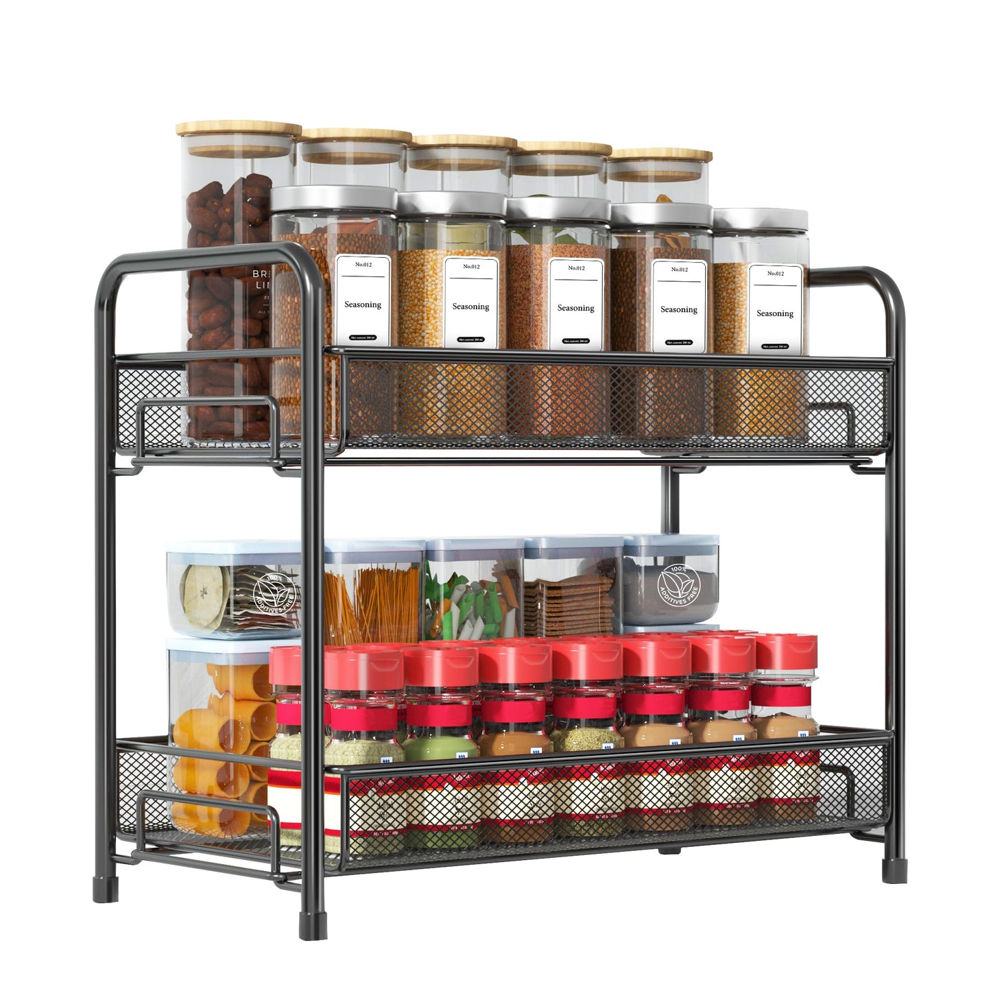Spice Rack Organizer for Countertop,Xpatee 2-Tier Foldable Metal Rust-Proof Standing Large Seasoning Storage Shelf with Guardrail and Mesh Design for Kitchen Cabinet Bathroom Living Room Pantry, Black