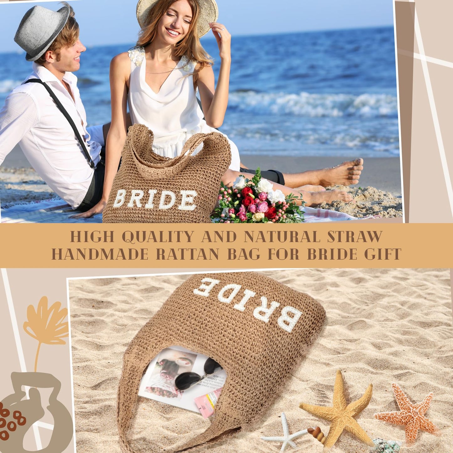 Locmeo Bride Handwoven Straw Bag for Women Boho Beach Shoulder Tote Bag Bride Summer Rhinestone Letters Tote for Women Wedding Bridal Shower Bachelorette Gift