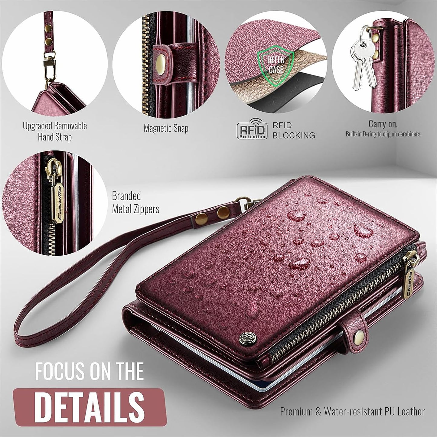 XIMAND Passport Holder Wallet Bag with AirTag Holder, 11 Card Slots and Passport Solt Cash Solt Photo Solt Zipper Pocket, RFID Blocking Wristlet Strap.Wine