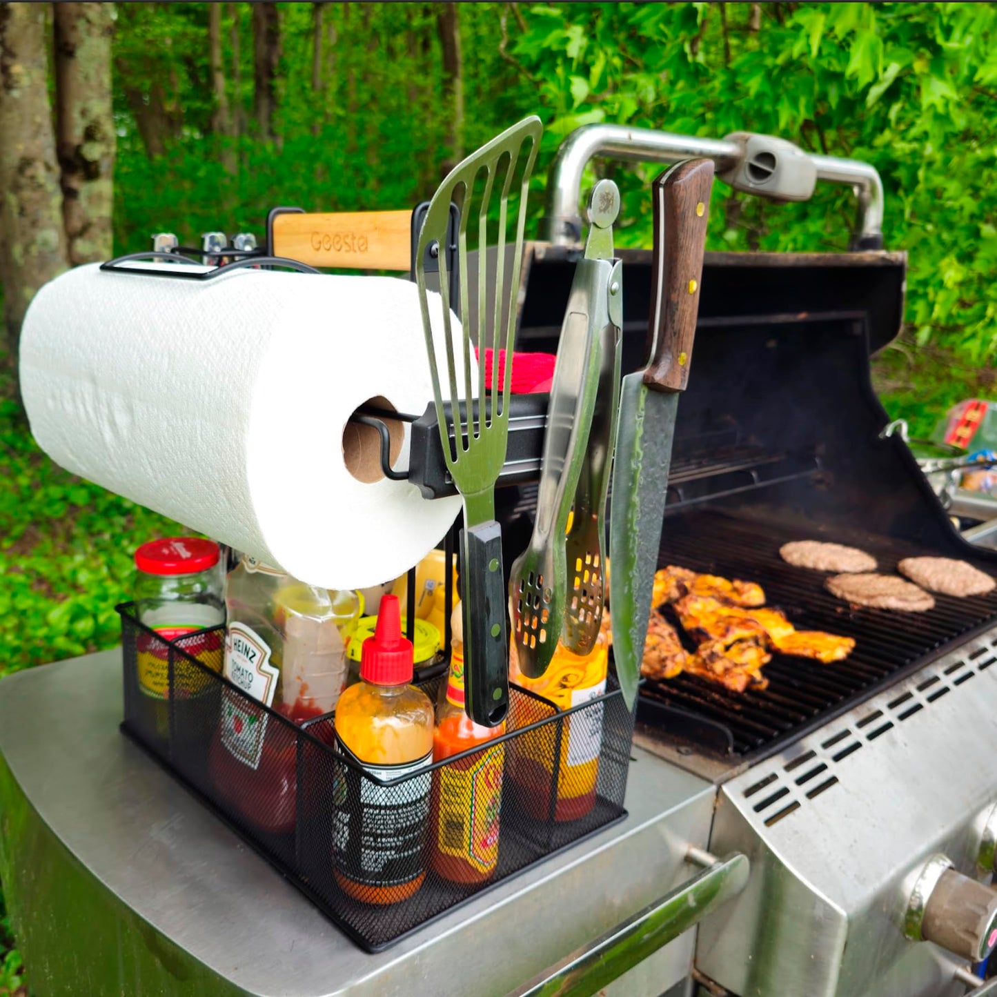 Geesta Grill Caddy for Outdoor Grill, BBQ Picnic Camping Caddy with Paper Towel Holder & Magnetic Tool Holder, Condiment Storage Utensil Kitchen Organizer for RV Camper, Tailgate Accessories