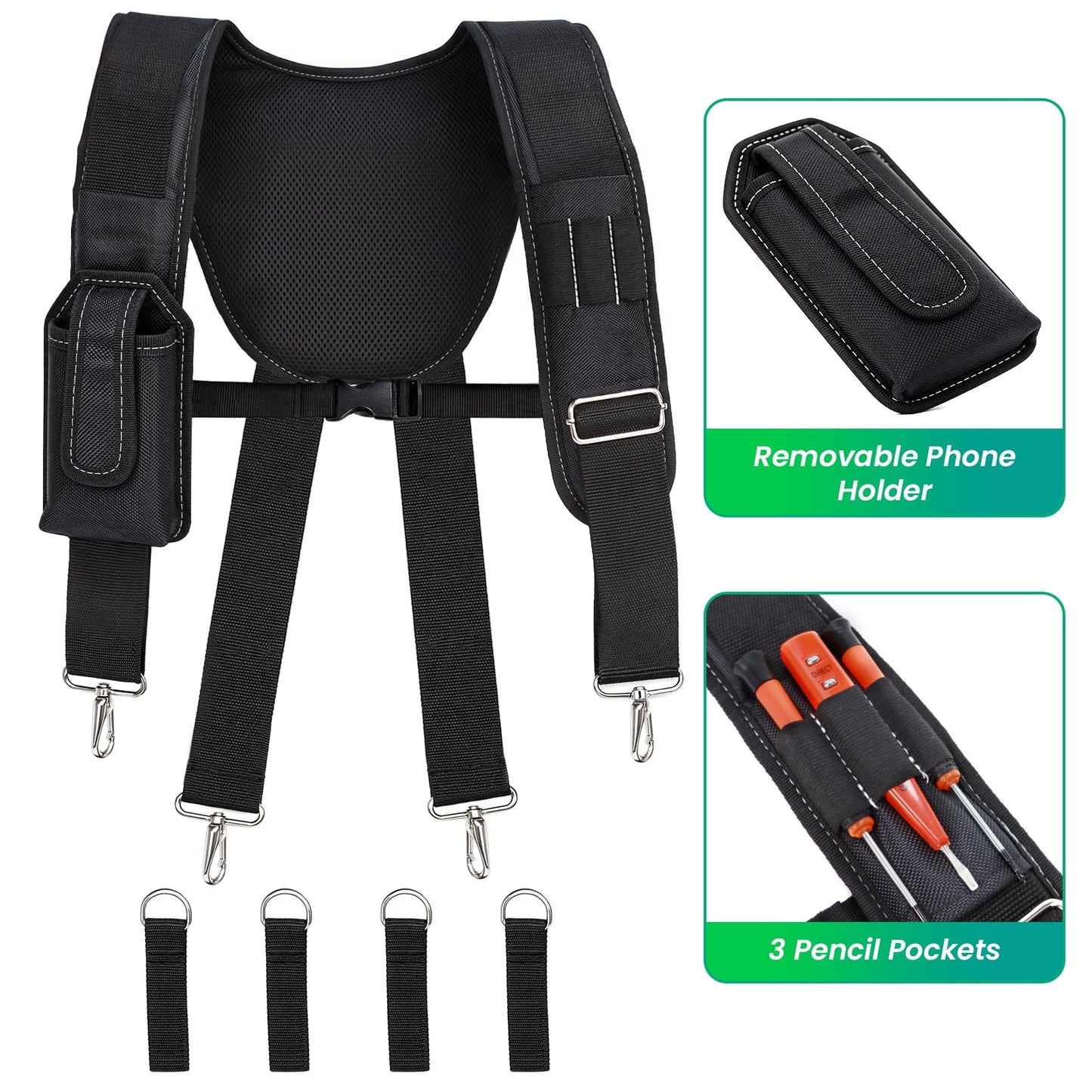 FamilyKit Tool Belt Suspenders for Men - Comfy Padded Work Belt Suspenders, Fully-Adjustable Tool Bag Suspenders with Loops for Construction, Carpenter, Electrician, Roofing, Framer (Black)