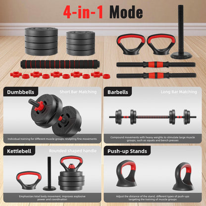 Fitvids Multi-Functional Portable Changeable Dumbbell and Barbell Kettlebell Set with Adjustable Weights, 40LBS or 60LBS Sets, 2-in-1 or 4-in1, Multiple Sizes
