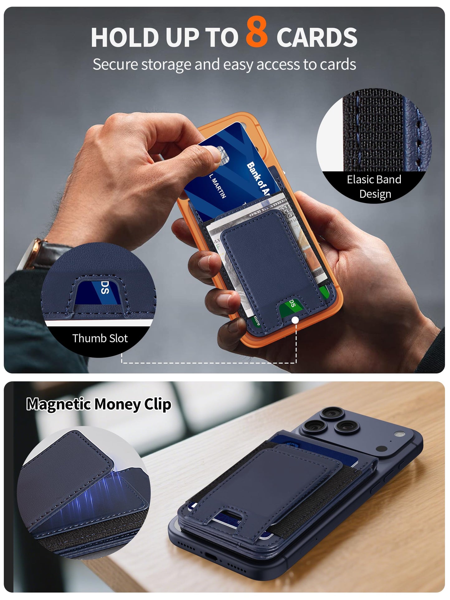TopMade for MagSafe Wallet with Money Clip, Strongest Magnetic Card Holder for iPhone 17/16/15/14/13/12 Series, for iPhone Wallet with Adjustable Stand, ID Window, RFID Blocking, Navy Blue