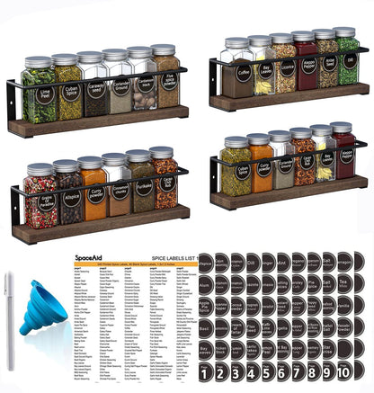 SpaceAid Spice Rack Organizer for Cabinet Door or Wall Mount (4 Pack) with 415 Spice Labels - Wood Hanging Seasoning Shelf for Cupboard Pantry or over the Stove