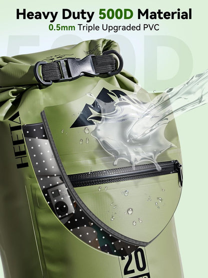 HEETA Waterproof Dry Bag with Front Zippered Pocket for Women Men, Roll Top Lightweight Dry Storage Bag Backpack for Travel, Kayaking, Boating, Rafting, Camping, Hiking & Beach (Green, 10L)