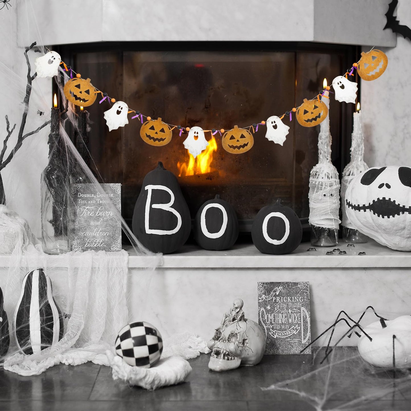 Cinnvoice 8.2 ft Halloween Ghost Pumpkin Garland Wooden Beads Garland Rustic Farmhouse Country Decor Wood Pumpkin Banner Ghost Halloween Hanging Decor for Fireplace Mantel Wall Home Window