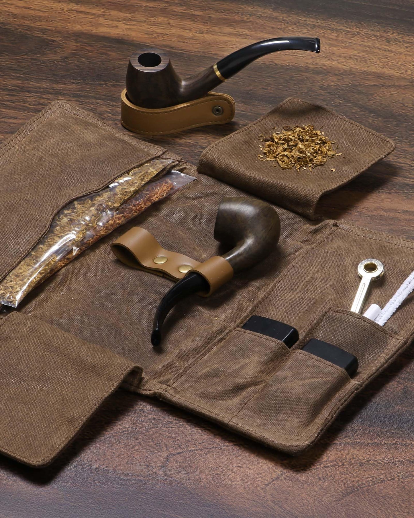BS-VOG Waxed Canvas Tobacco Pouch for 2 Pipes, Smoking Tobacco Pipe Pouch with Foldable Stand, Smoking Case Bag Accessories Storage Organizer for Travel, Daily Use & Gift (Pipes Not Included)